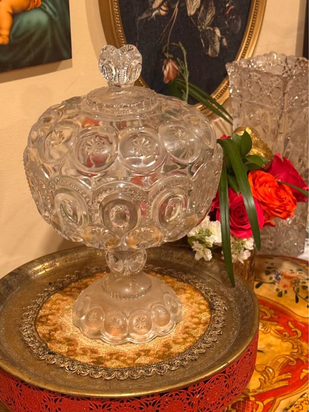 Vintage Moon & Stars Frosted Glass Covered Candy Dish Pedestal Compote with Lid